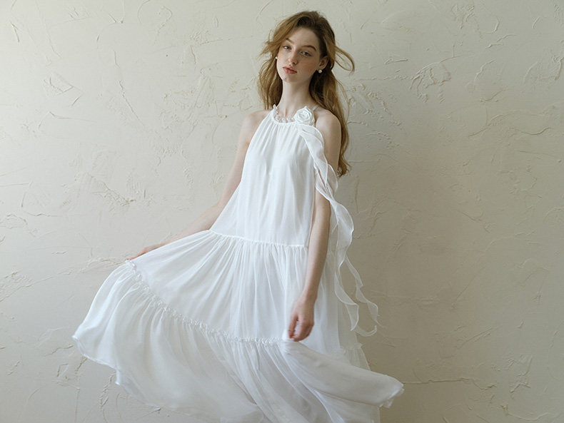 Buy White Halter Chiffon Dress Rose Ruffle Tiered Midi Dress - Megustas
