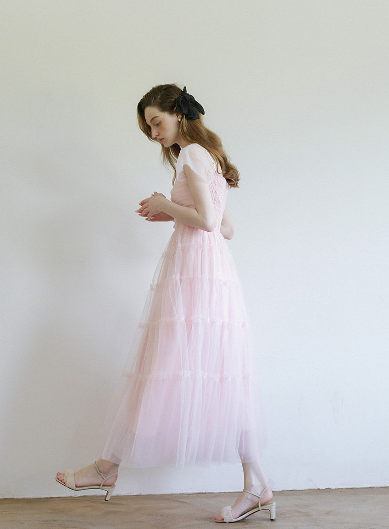 Buy Soft Pink Tiered Tulle Dress Puff Sleeve Romantic Midi - Megustas