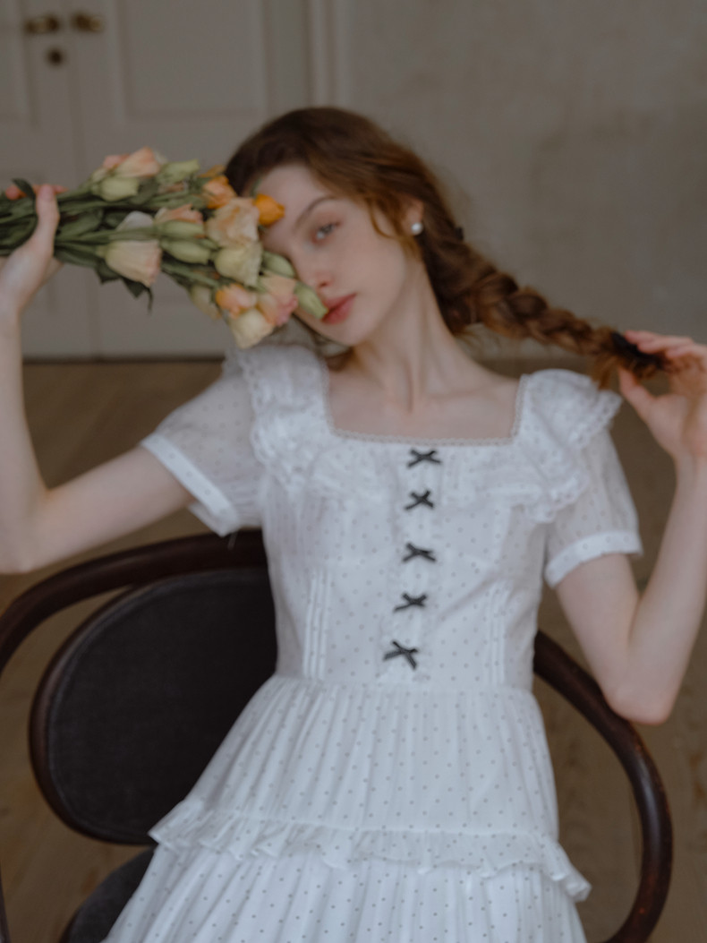 Buy White Polka Dot Tiered Midi Dress with Square Neck - Megustas
