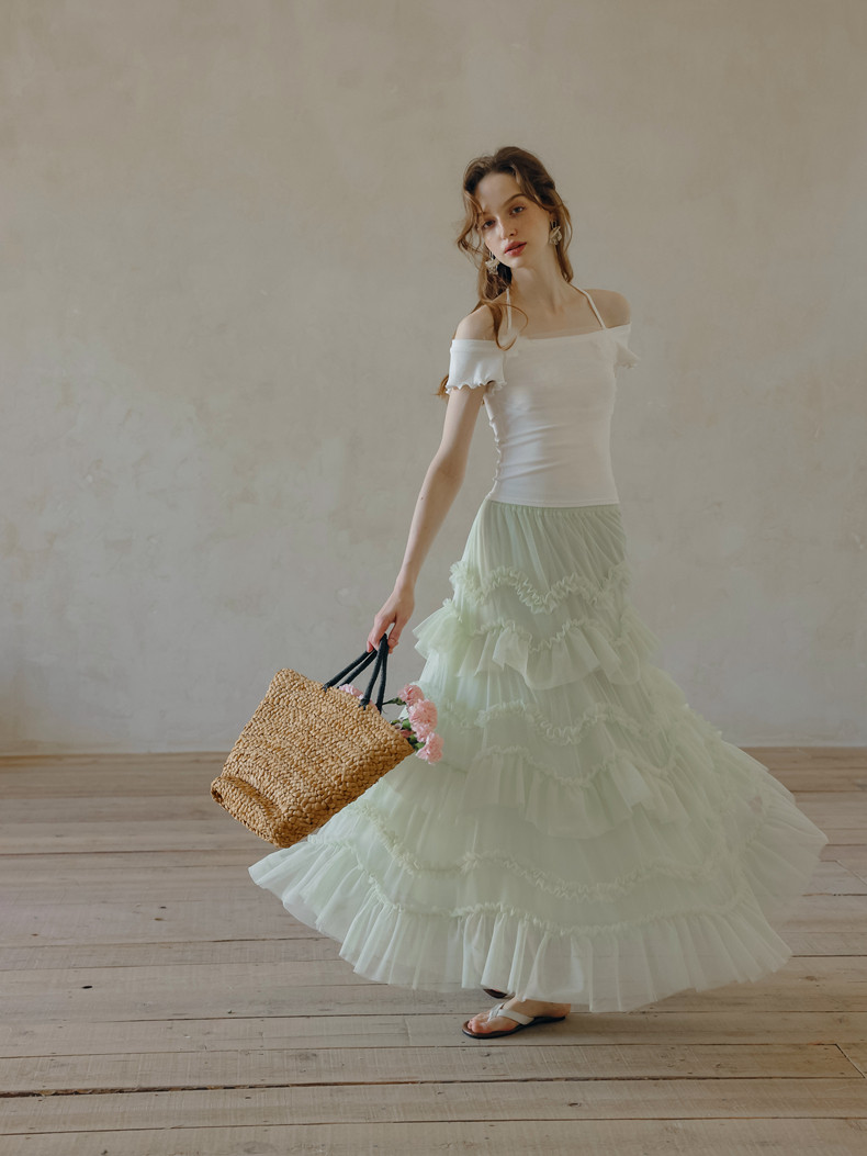 Light green tulle maxi skirt front view