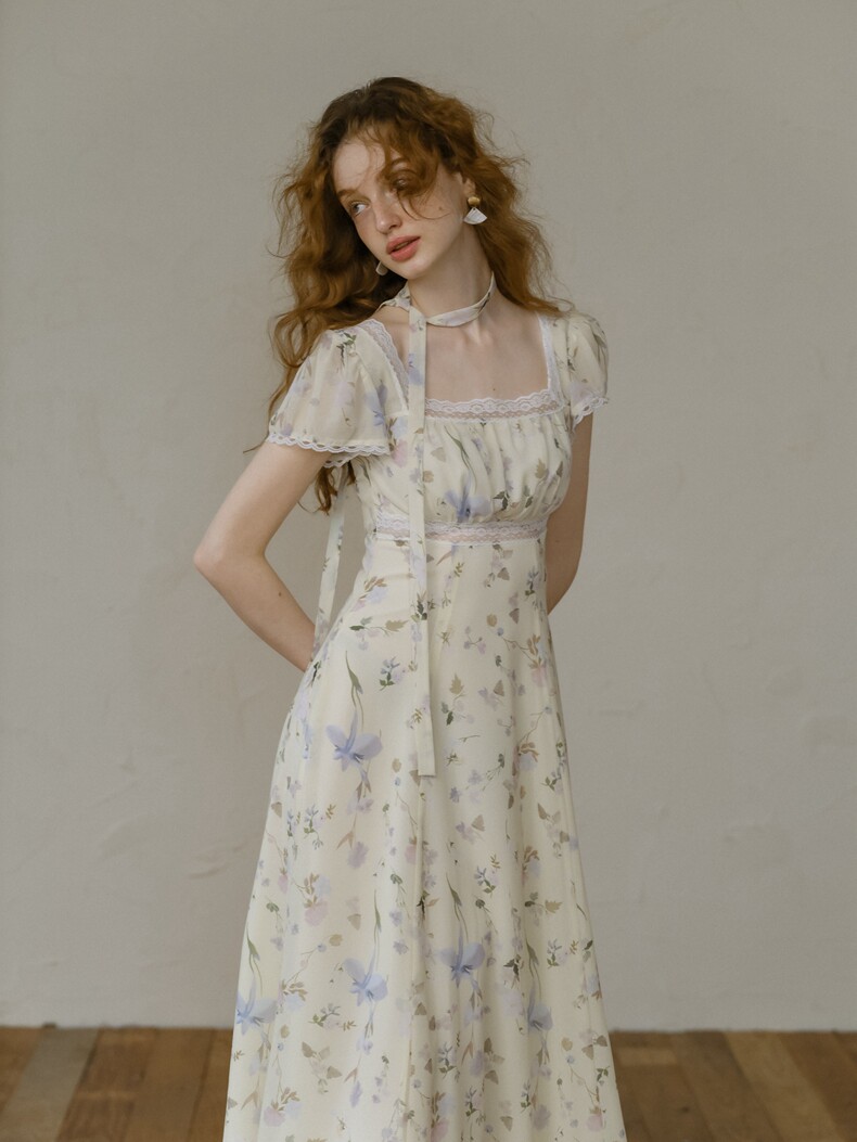 Buy Vintage Lace Floral Dress, High Waist Flowy Midi Dress - Megustas