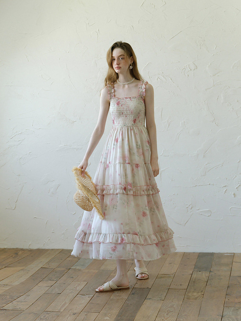Buy Romantic Rose Floral Ruffle Tiered Maxi Dress, Flowy Summer Sundress - Megustas