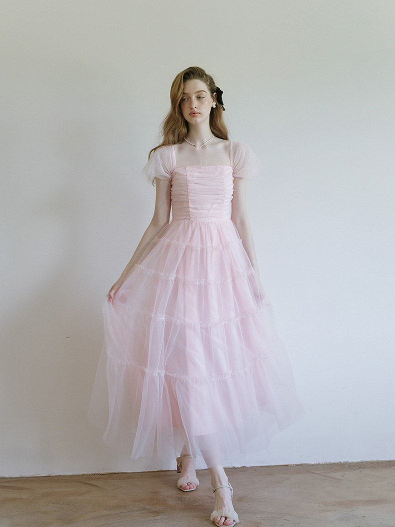Buy Soft Pink Tiered Tulle Dress Puff Sleeve Romantic Midi - Megustas