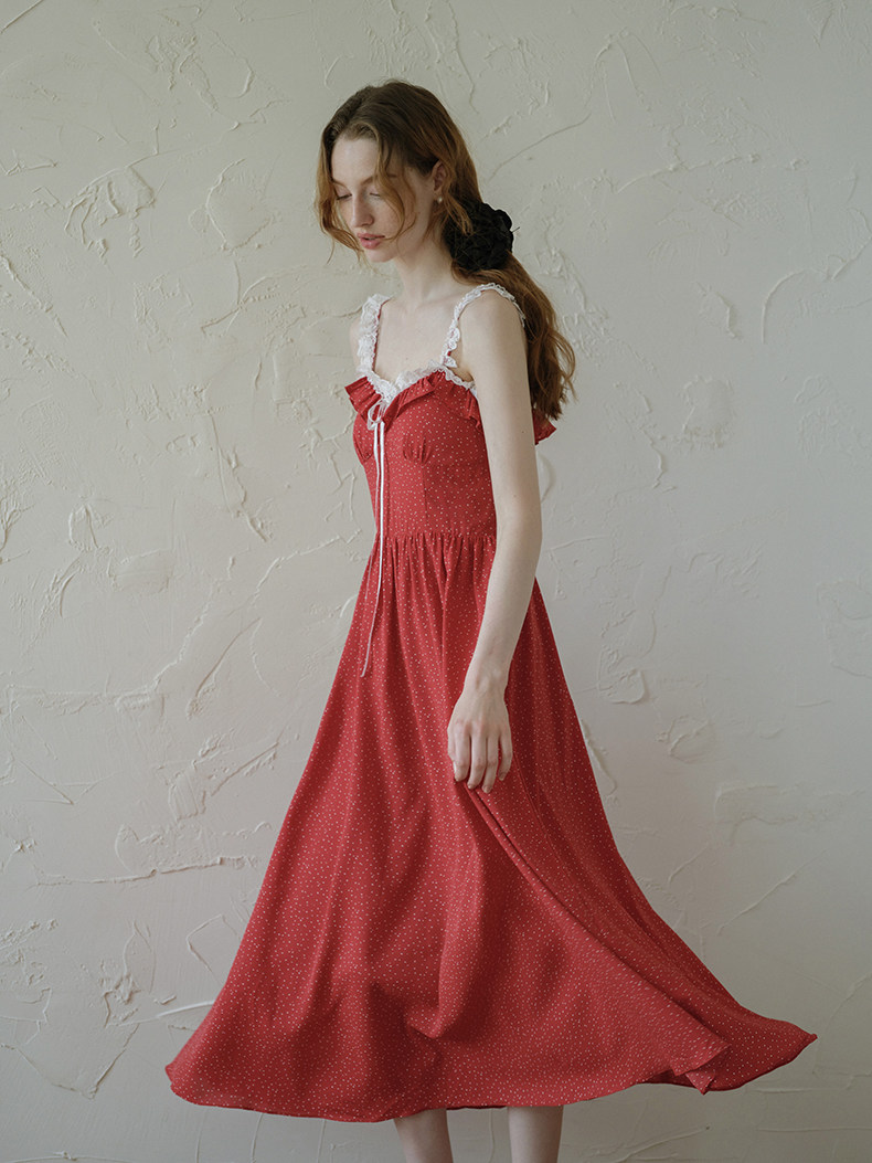 Buy French Retro Red Polka Dot Lace Dress  - Megustas