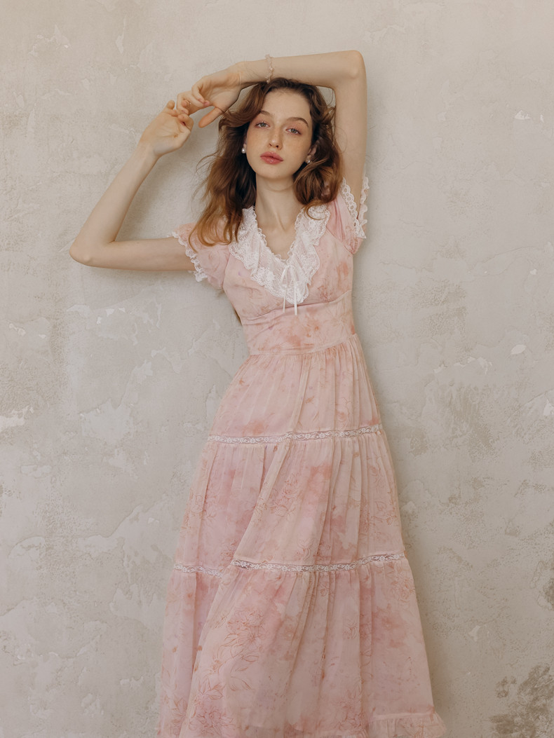 Lace Trim Puff Sleeve Pink Midi Dress