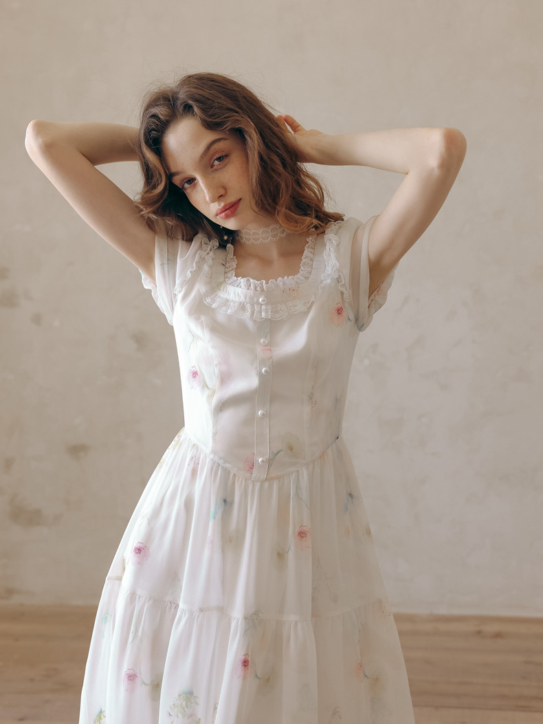 Lace Collar Puff Sleeve Tiered White Dress