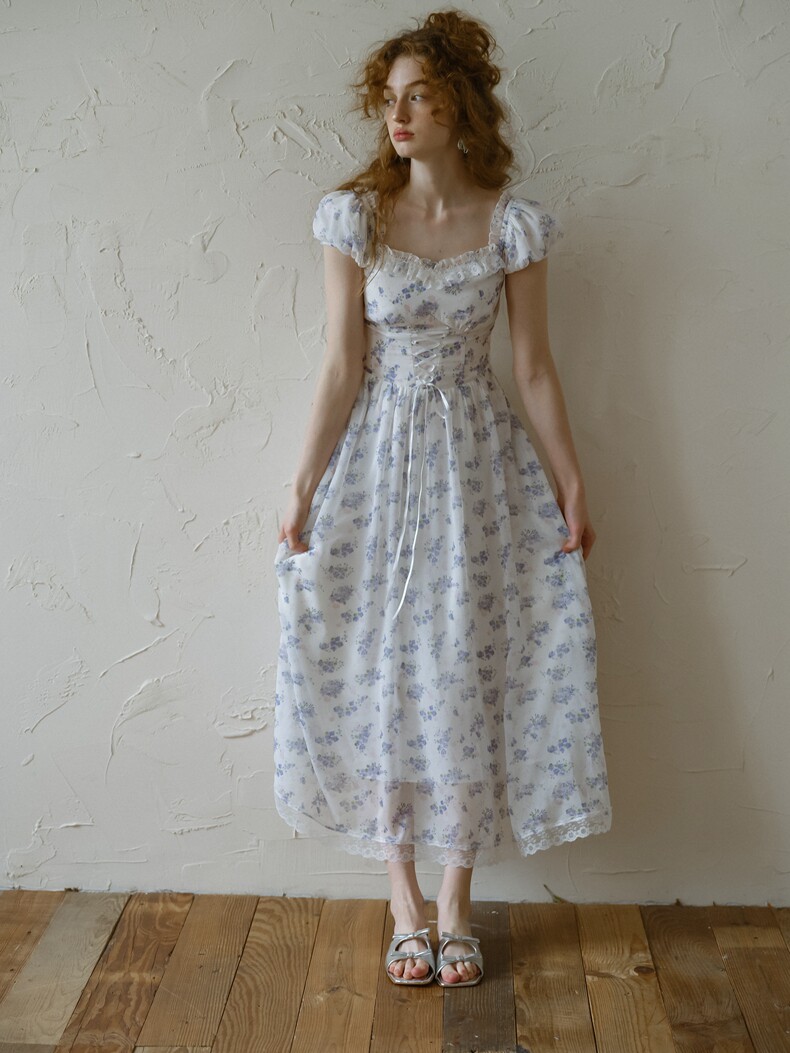 White Blue Floral Tiered Ruffle Dress