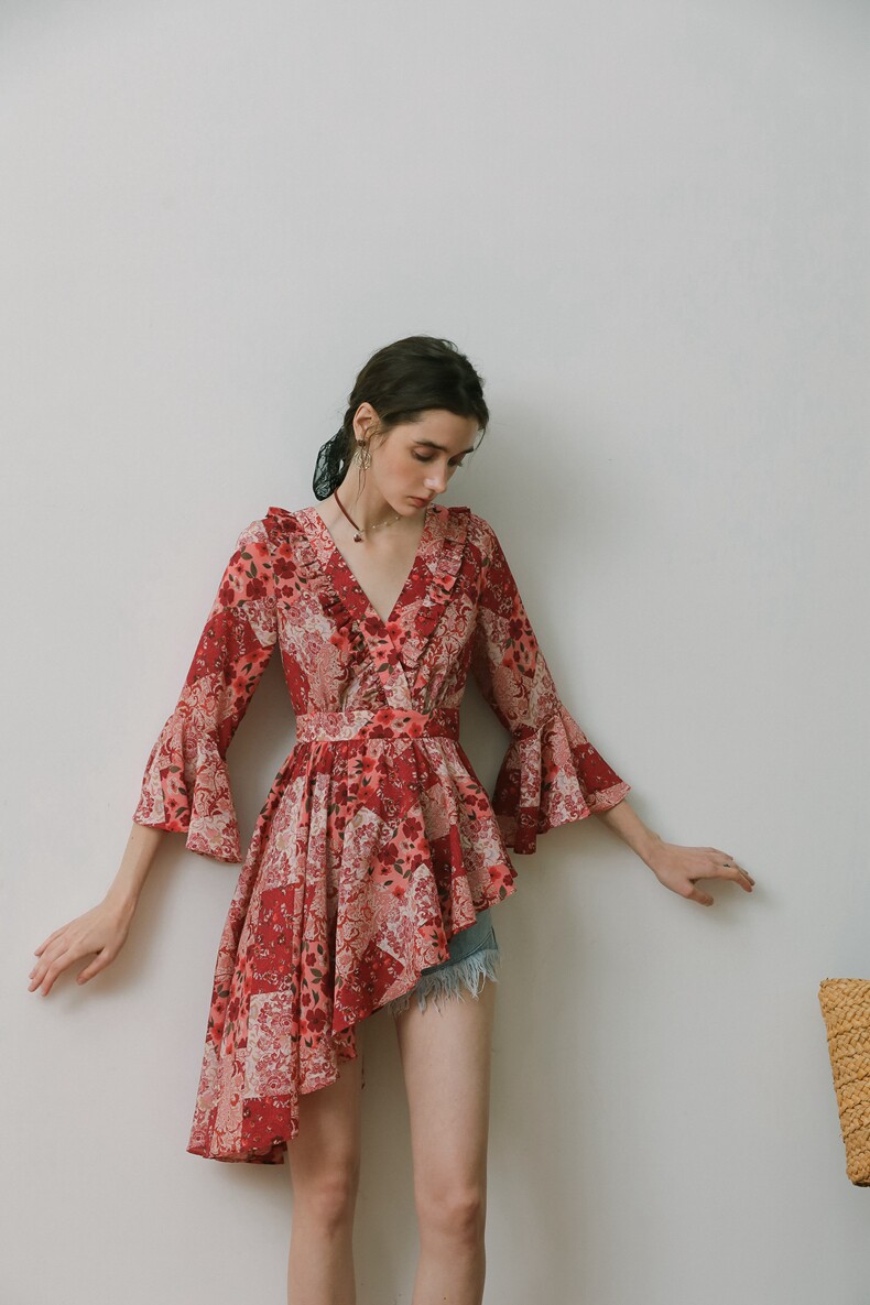Red Print Waisted Ruffle A-Line Short Dress