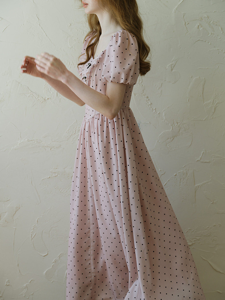 Sweetheart Neck Bow Polka Dot Puff Sleeve Dress