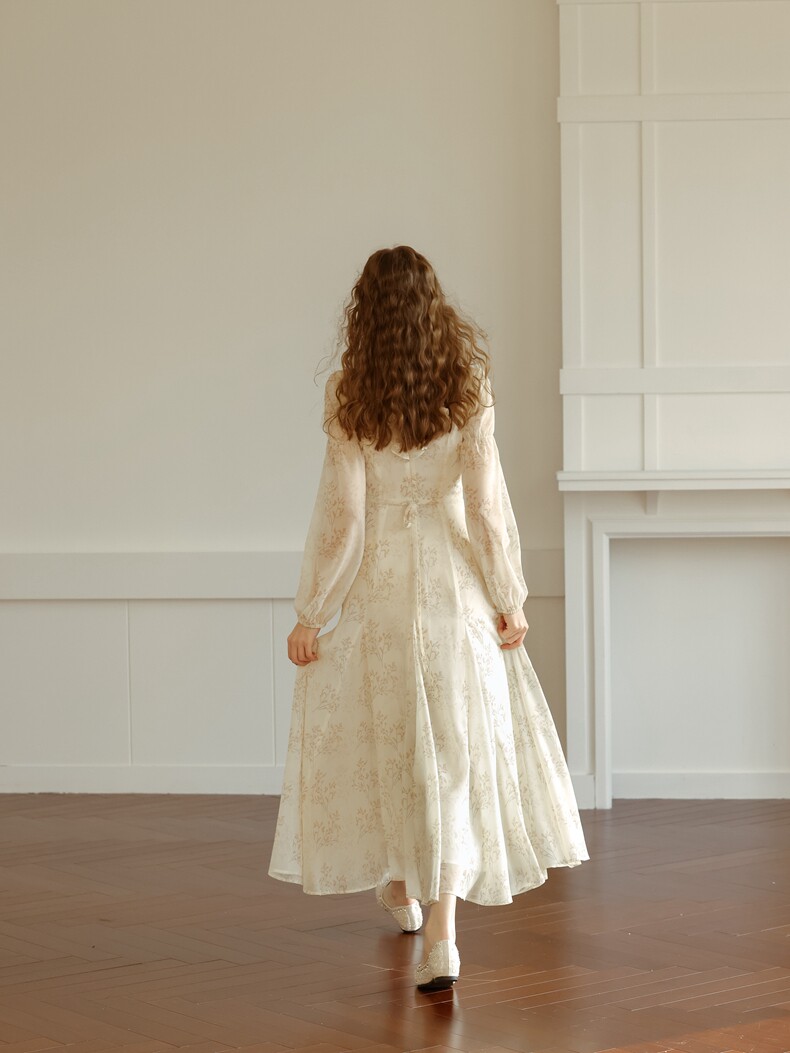 Off-white High Waist A-Line Long Sleeve Dress