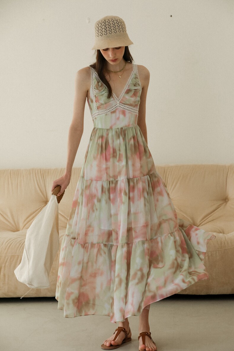 V-Neck Lace Trim Tiered Slip Watercolor Maxi Dress