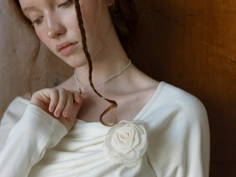 Off-Shoulder 3D Flower Ruched Long Sleeve Cream Top