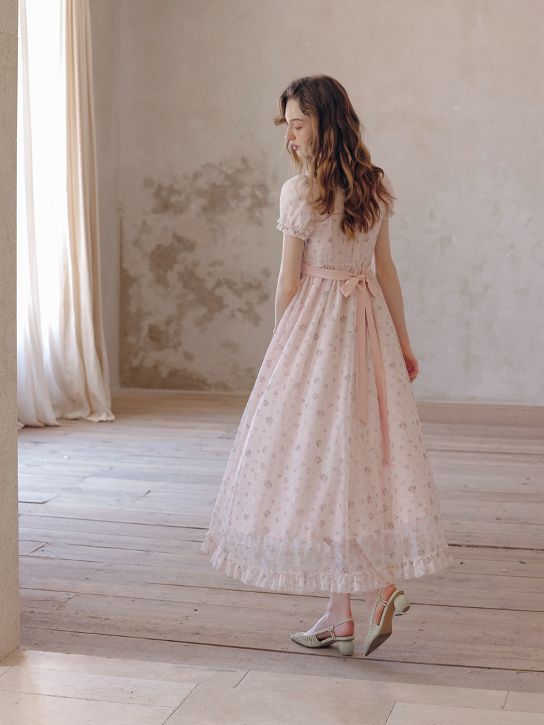 Buy Light Pink Floral Tulle Dress Square Neck Puff Sleeve Dress - Megustas