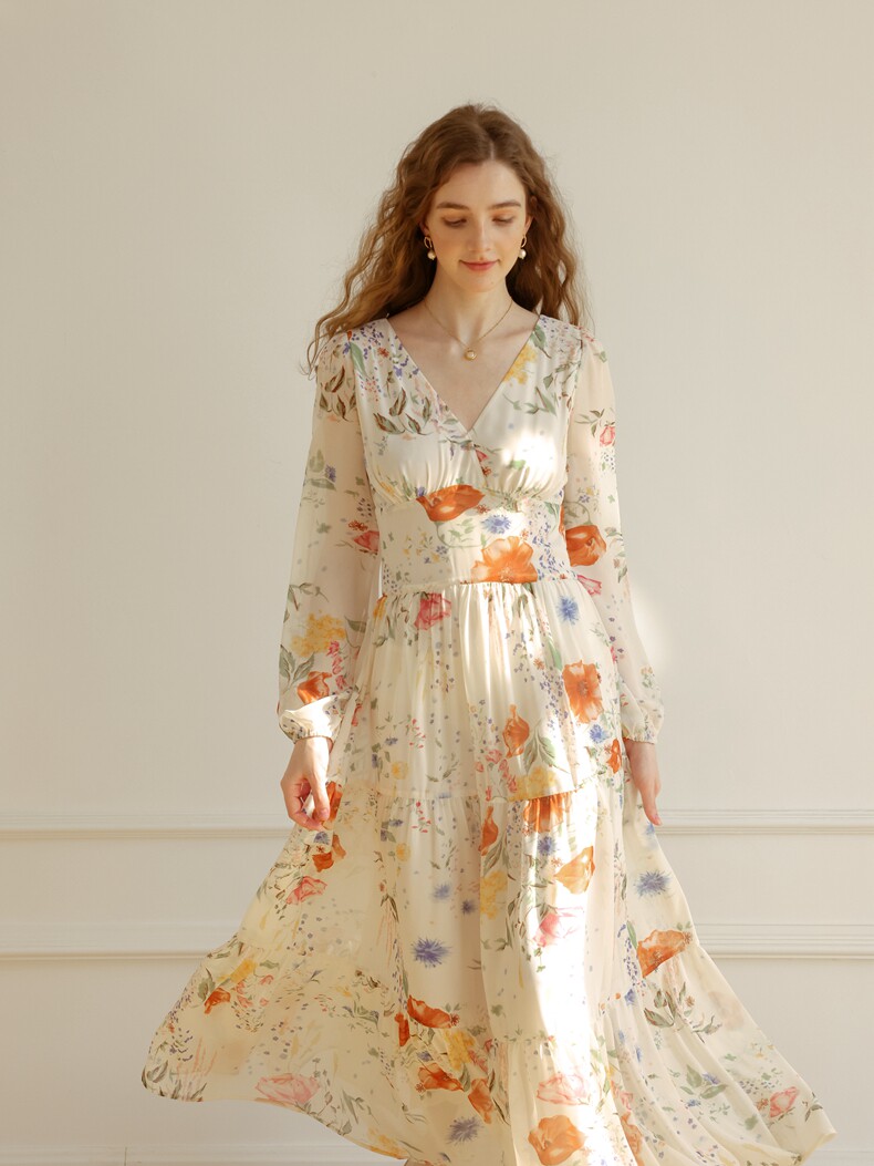 Buy Elegant Floral Long-Sleeve Chiffon V-Neck Dress - Megustas