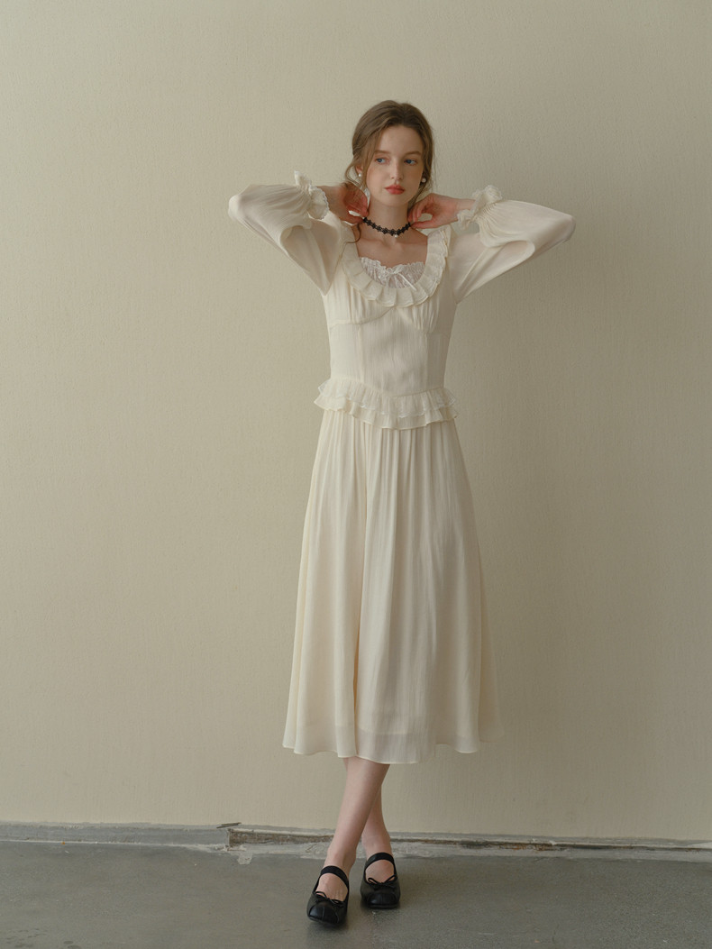 Buy Vintage Ruffled Midi Dress Lace Patchwork French Tea Dress - Megustas