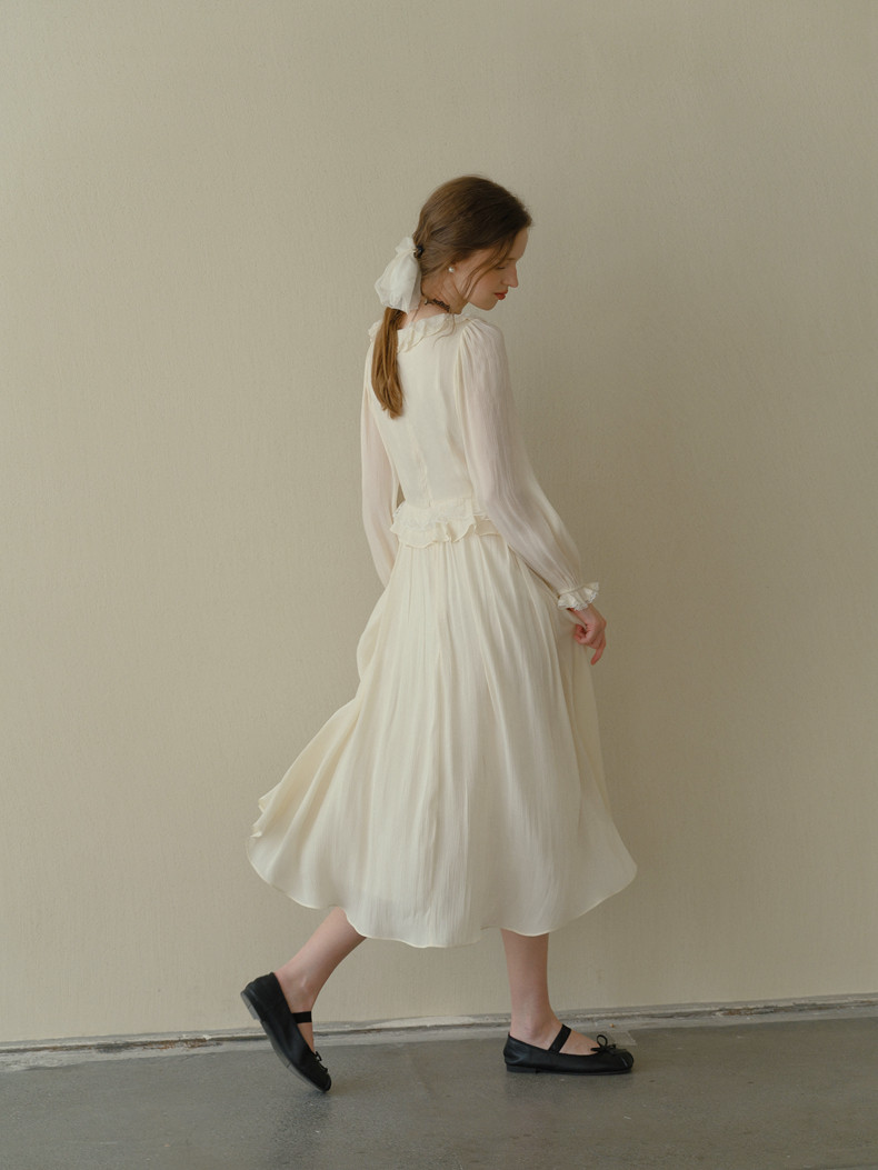 Buy Vintage Ruffled Midi Dress Lace Patchwork French Tea Dress - Megustas