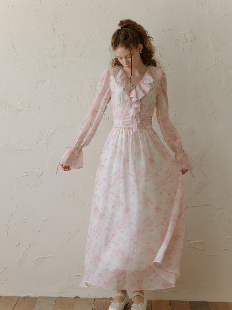 Buy Vintage Ruffle Long Sleeve Chiffon Floral Dress - Megustas