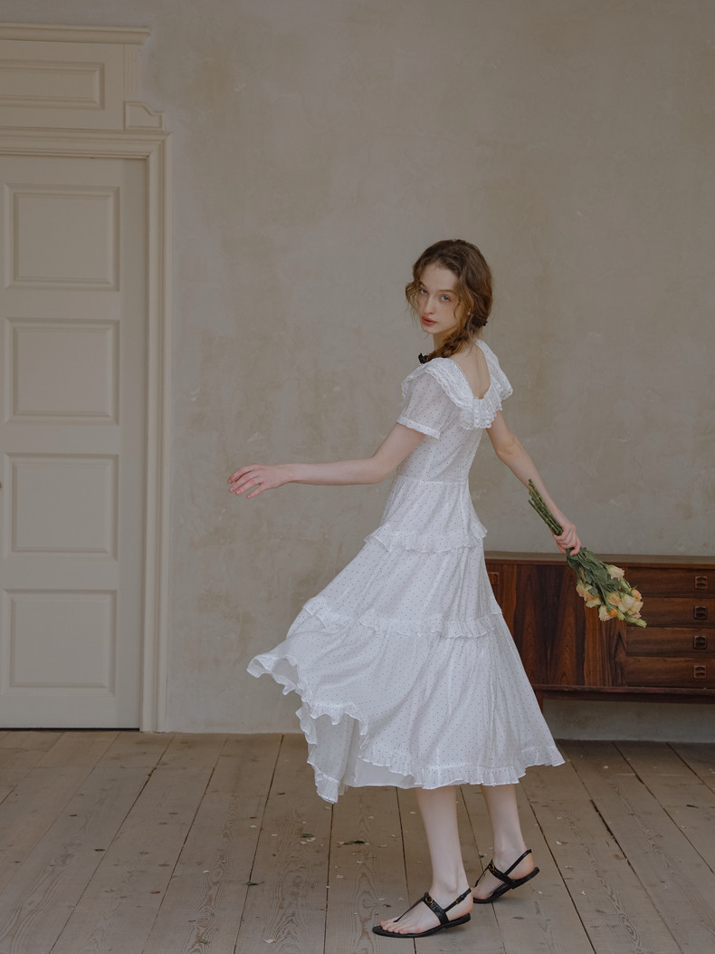 Buy White Polka Dot Tiered Midi Dress with Square Neck - Megustas