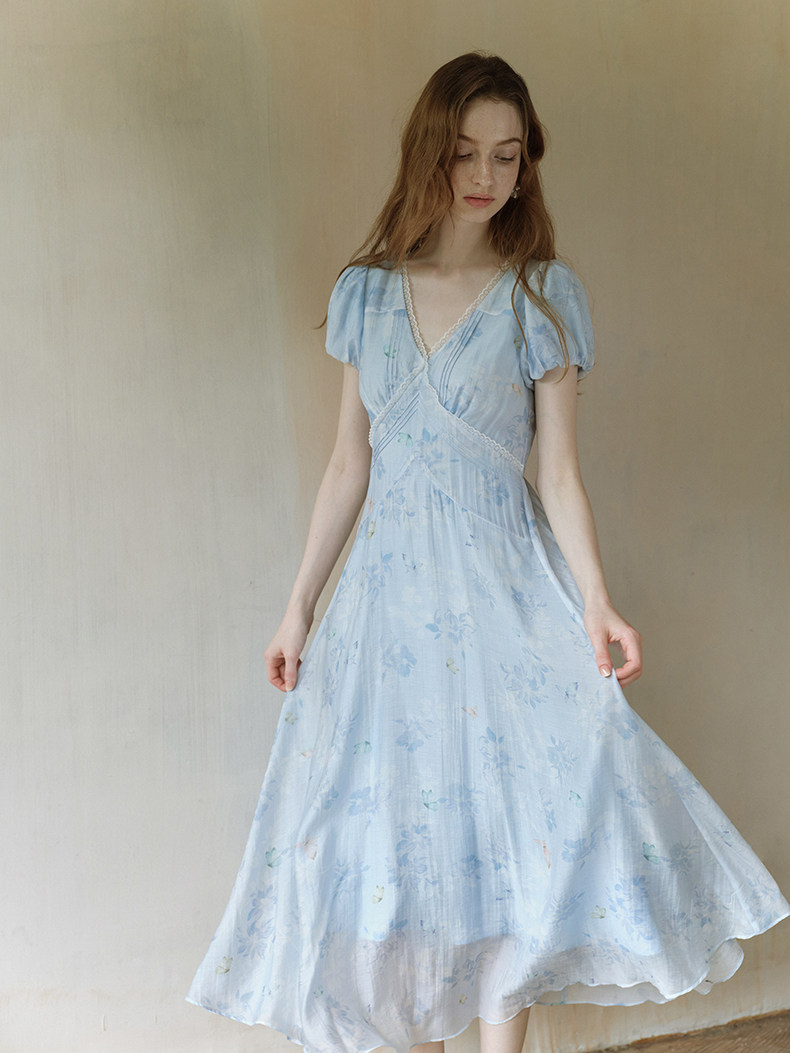 Buy Vintage Blue Puff Sleeve Tea Dress - Megustas