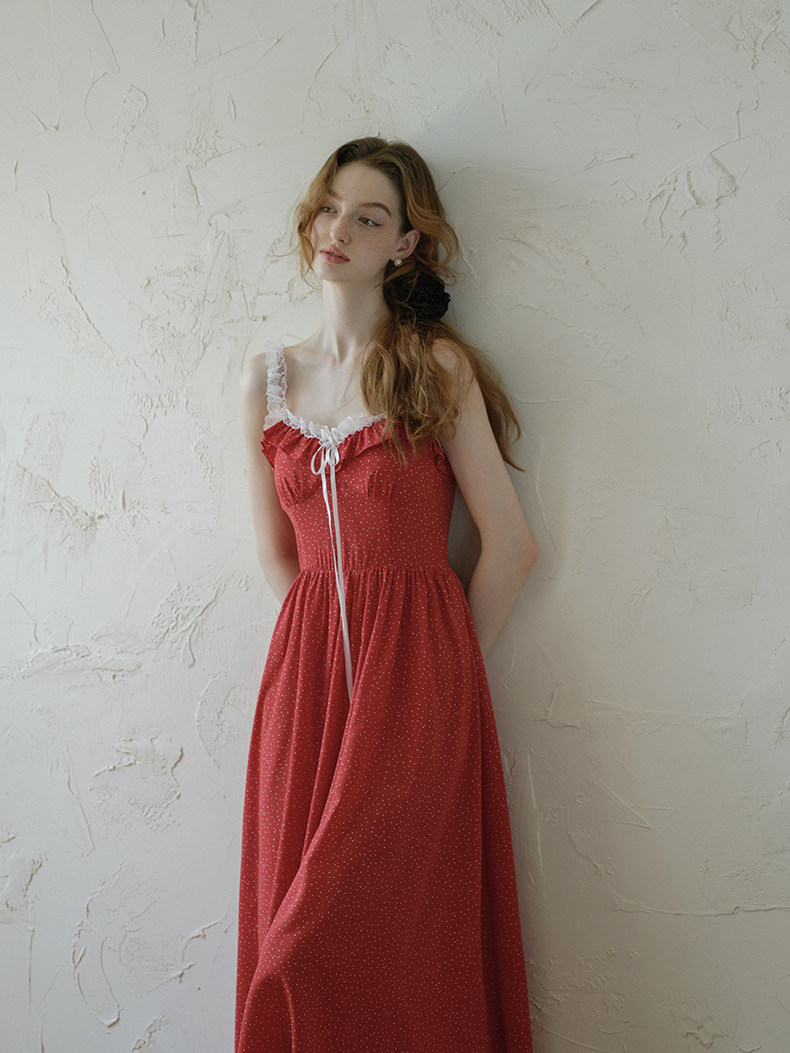 Buy French Retro Red Polka Dot Lace Dress  - Megustas