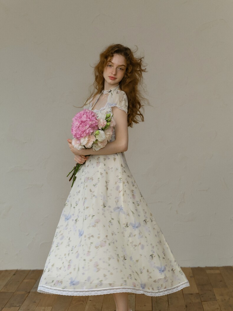 Buy Vintage Lace Floral Dress, High Waist Flowy Midi Dress - Megustas