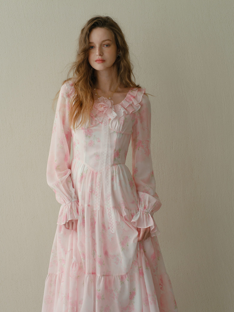 Pink Floral Sheer Sleeve Tiered Maxi