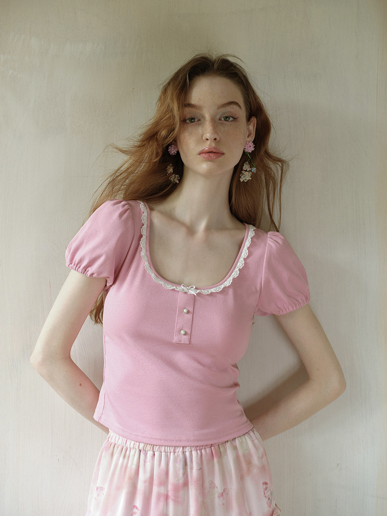 Pink Lace Trim Button Short Sleeve Tee