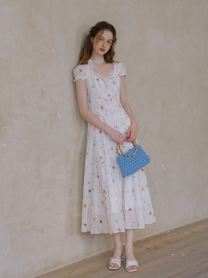 V-Neck Lace Trim Floral White Dress