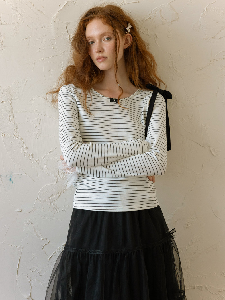 Striped Long Sleeve T-Shirt Lace Cuffs Bow Accent