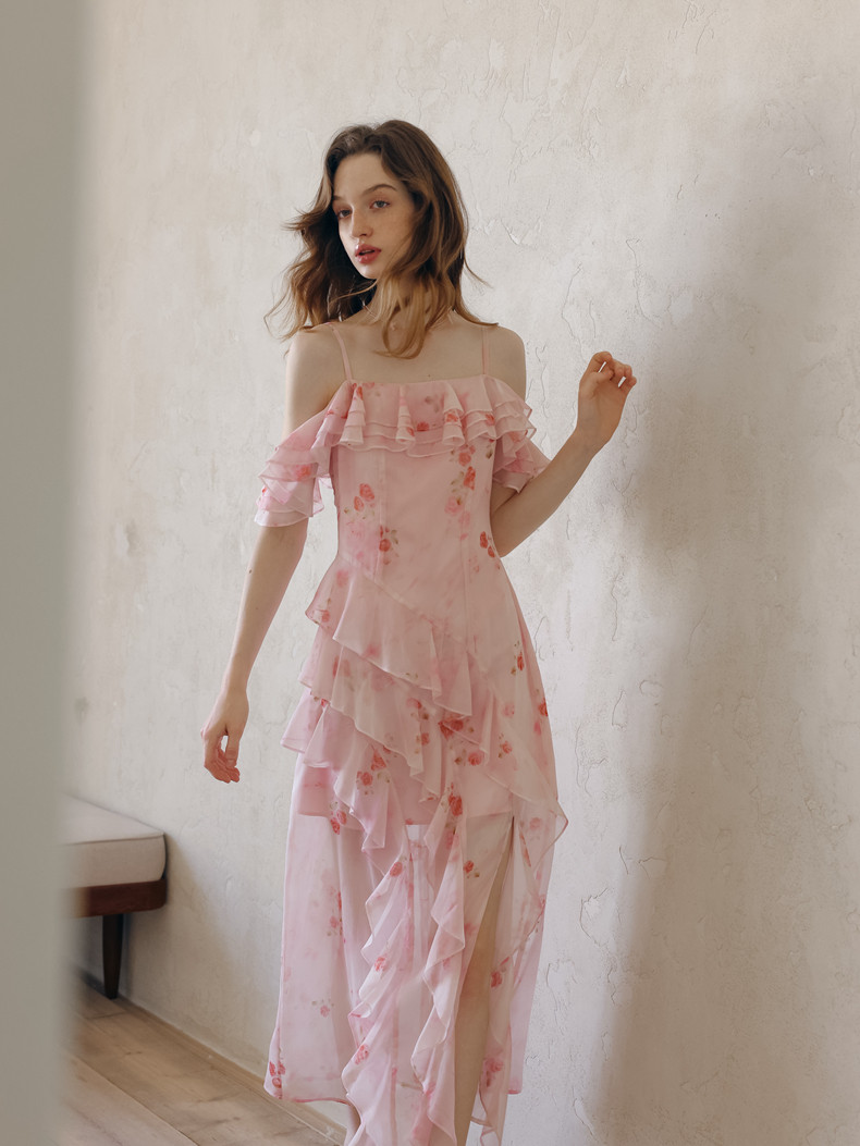 Buy Romantic Chiffon Pink Rose Print Off-Shoulder Dress Ruffle Tiered Midi Dress - Megustas