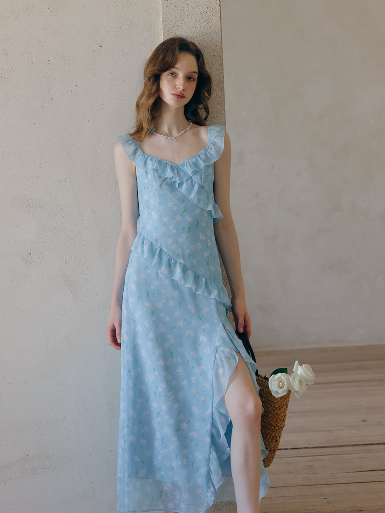 Buy Romantic Light Blue Floral Dress Chiffon Midi Dress - Megustas