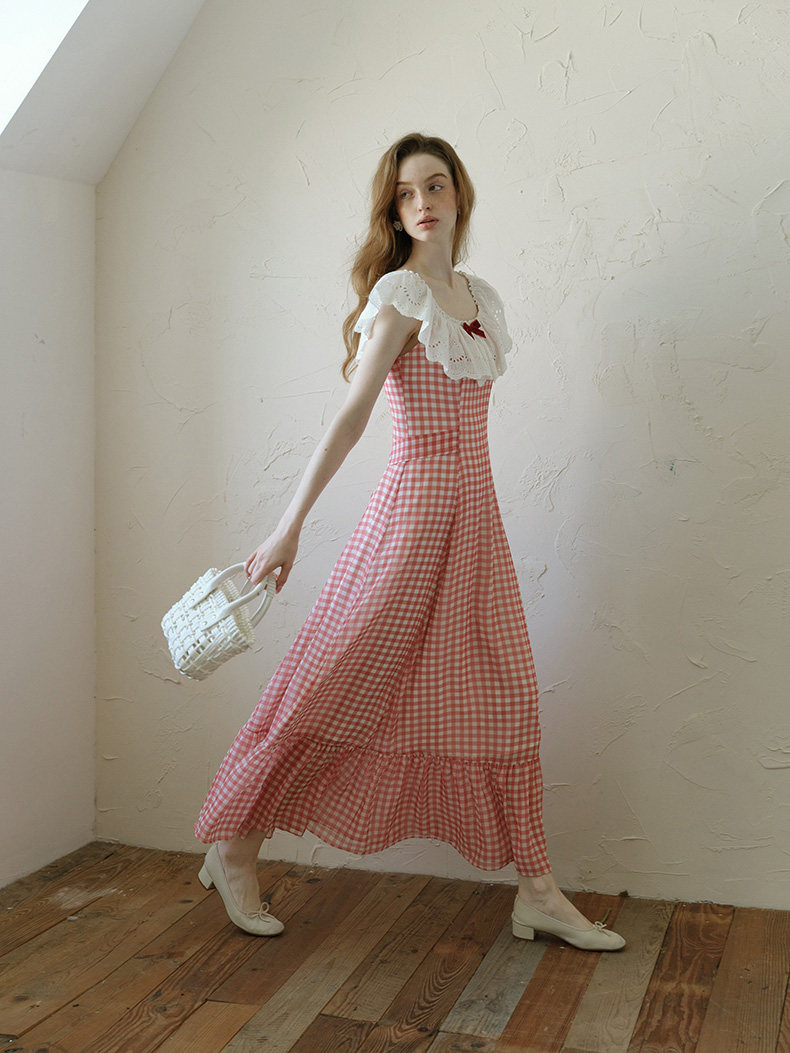 Buy Red Gingham Off-Shoulder Dress Lace Ruffle Vintage - Megustas