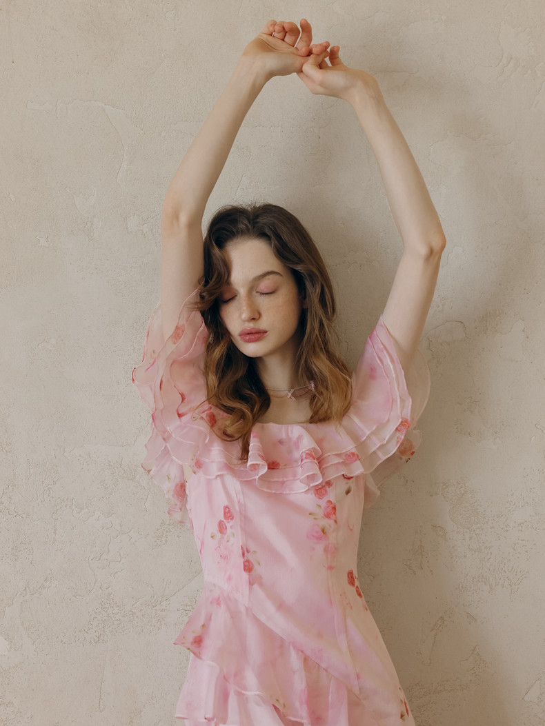 Buy Romantic Chiffon Pink Rose Print Off-Shoulder Dress Ruffle Tiered Midi Dress - Megustas