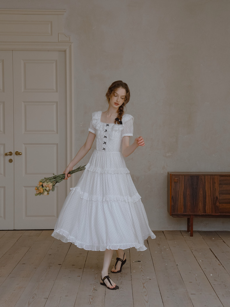 Buy White Polka Dot Tiered Midi Dress with Square Neck - Megustas
