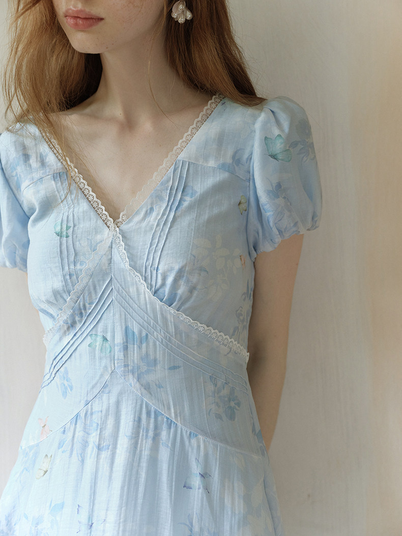Buy Vintage Blue Puff Sleeve Tea Dress - Megustas