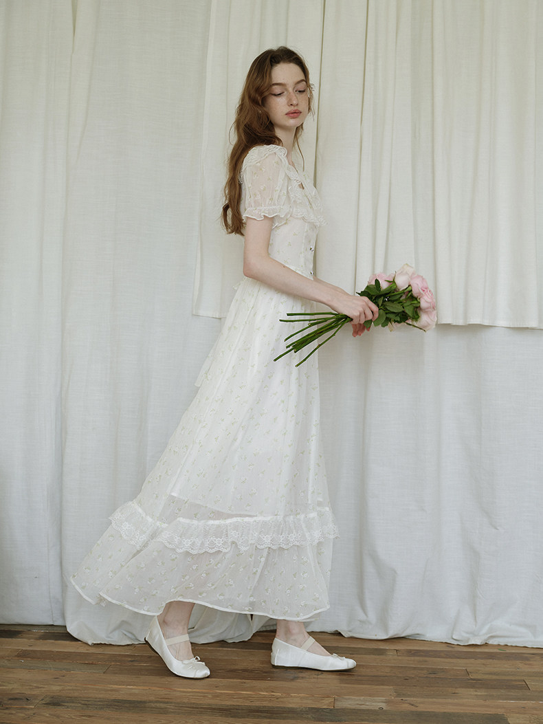 Buy French Retro White Floral Dress - Megustas