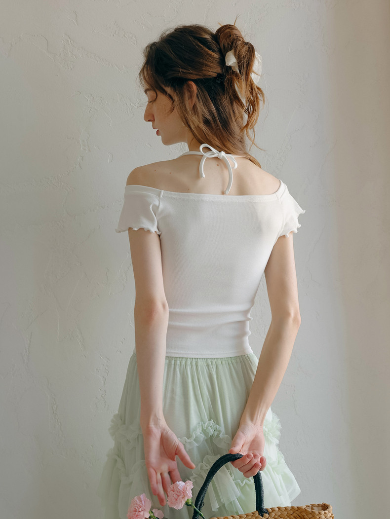 White Halter Off-Shoulder 3D Flower Short Sleeve Top