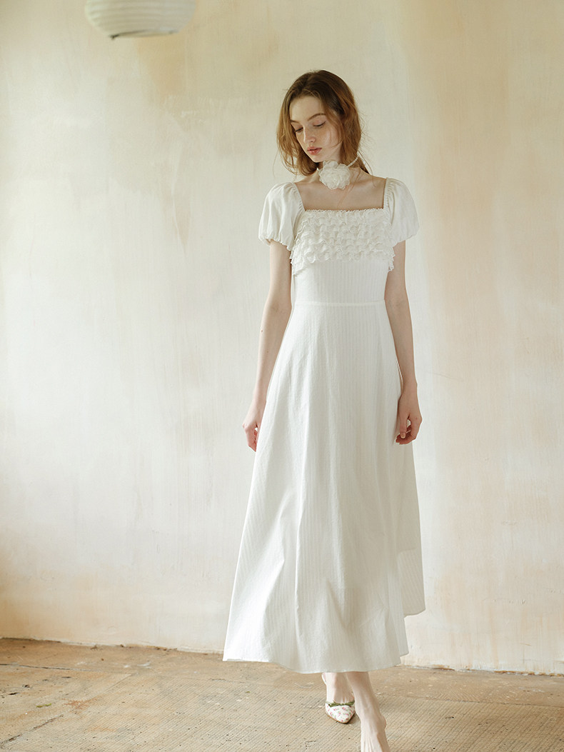 Square Neck Smocked Puff Sleeve White Dress