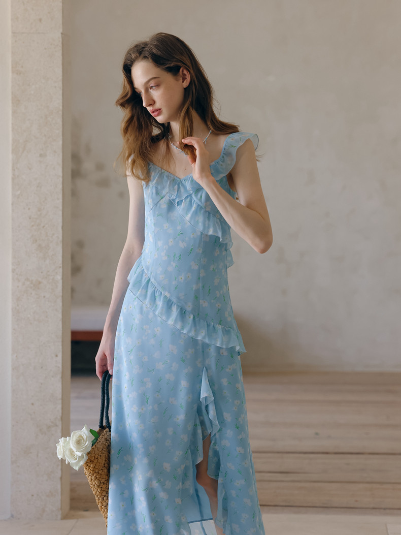 Buy Romantic Light Blue Floral Dress Chiffon Midi Dress - Megustas