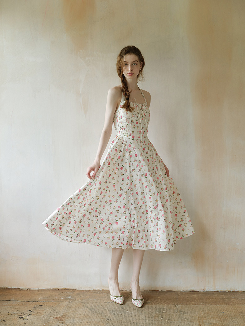 Pink Floral Waisted Halter Midi Dress