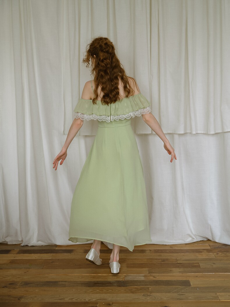 Mint Green High Waist Lace Trim A-Line Dress