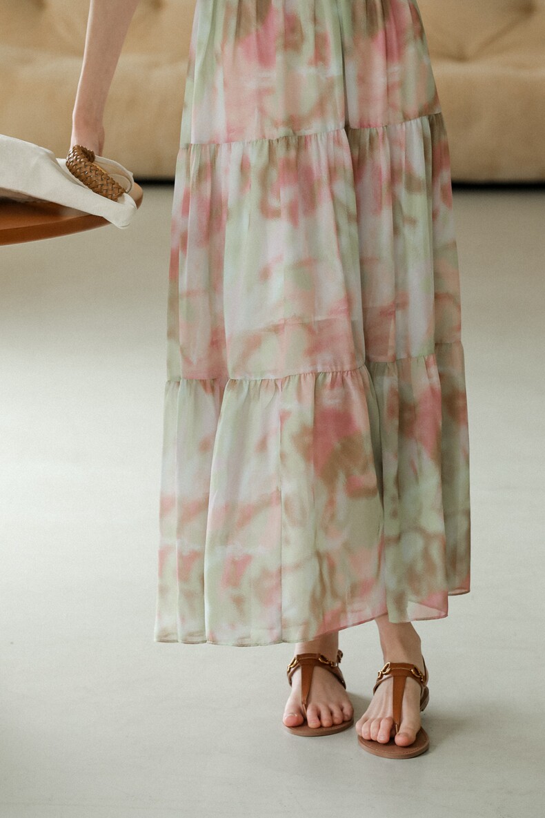 V-Neck Lace Trim Tiered Slip Watercolor Maxi Dress