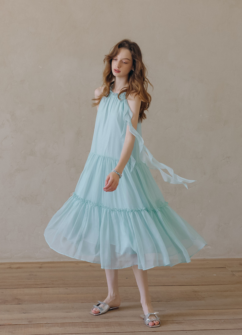 Light Blue Sleeveless Tiered Chiffon Dress