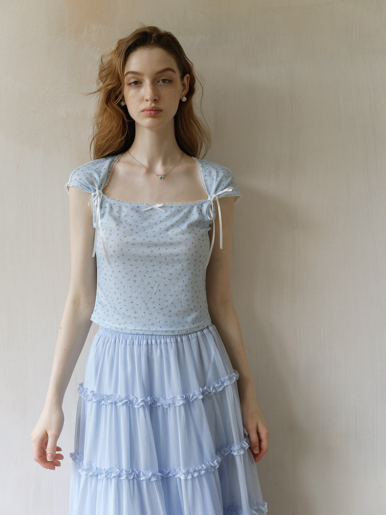 Light Blue Floral Shoulder Bow Short Sleeve Tee