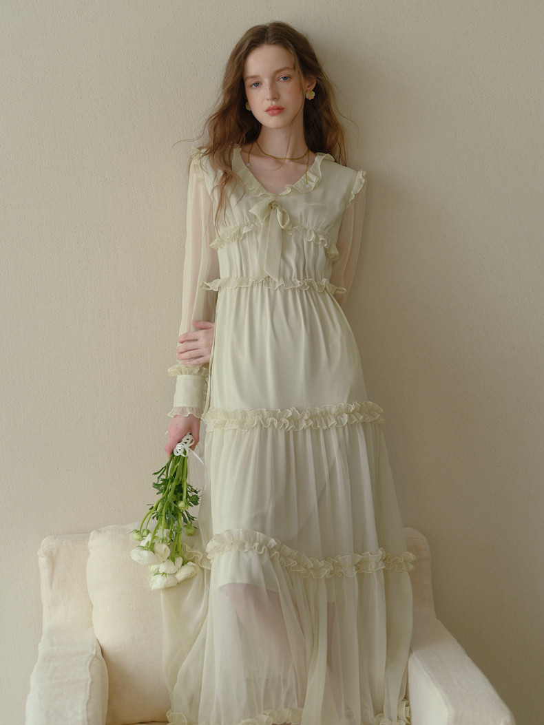 Buy Elegant Ruffle Long Sleeve Dress - Megustas