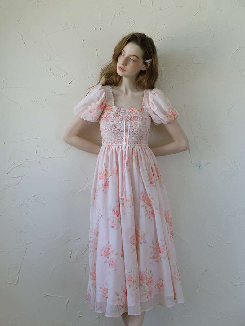 Pink Floral Puff Sleeve High Waist Midi Dress