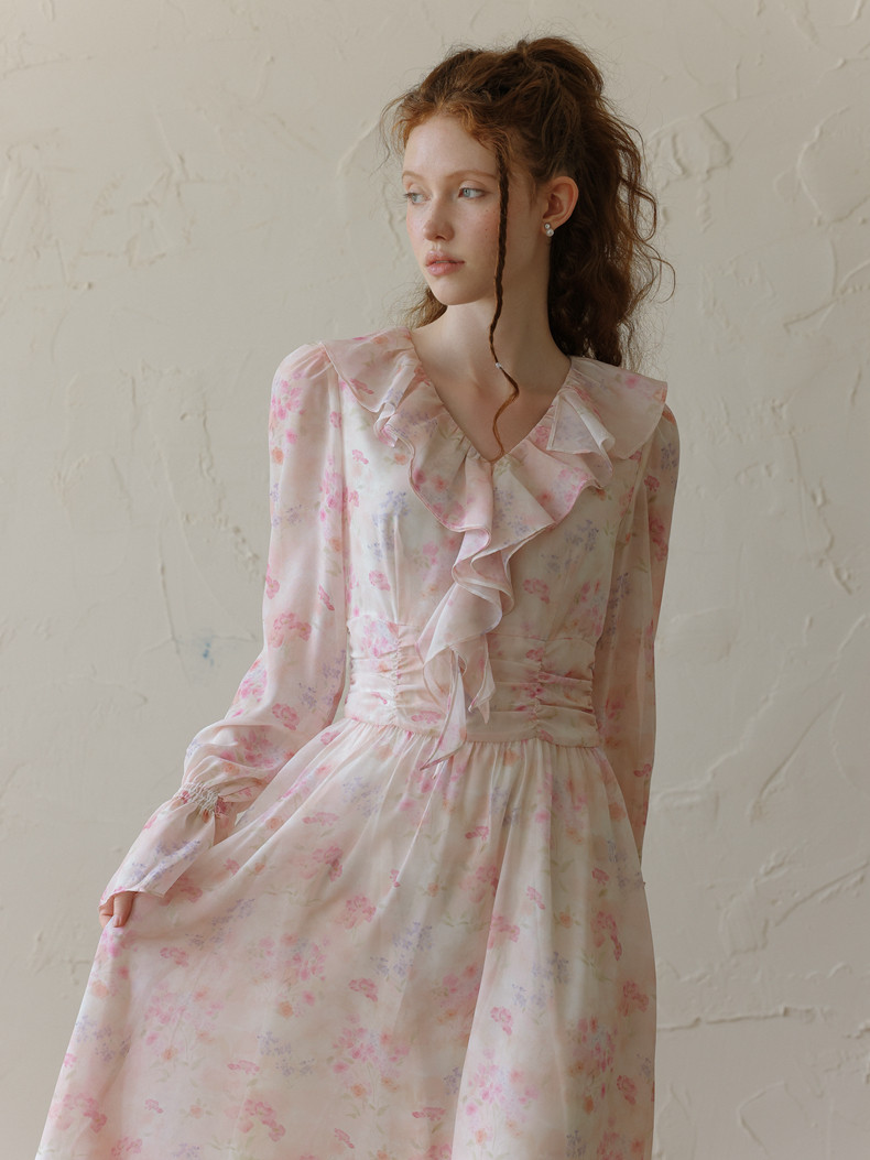 Buy Vintage Ruffle Long Sleeve Chiffon Floral Dress - Megustas