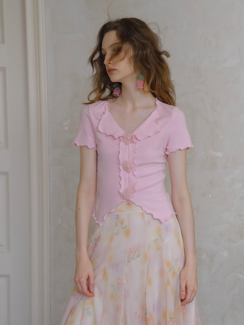 Buy Ruffle Floral Button Short Sleeve Women's T-shirt - Megustas