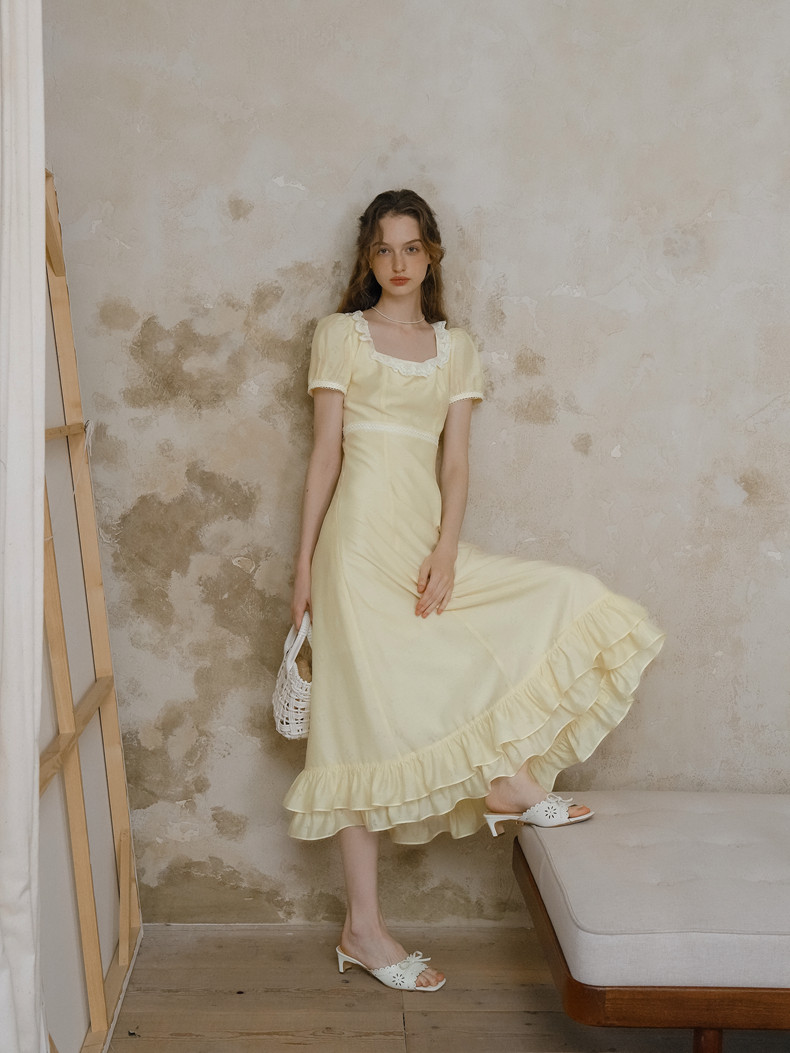 Buy Elegant Pastel Yellow Dress with Lace Neckline & Hem - Megustas