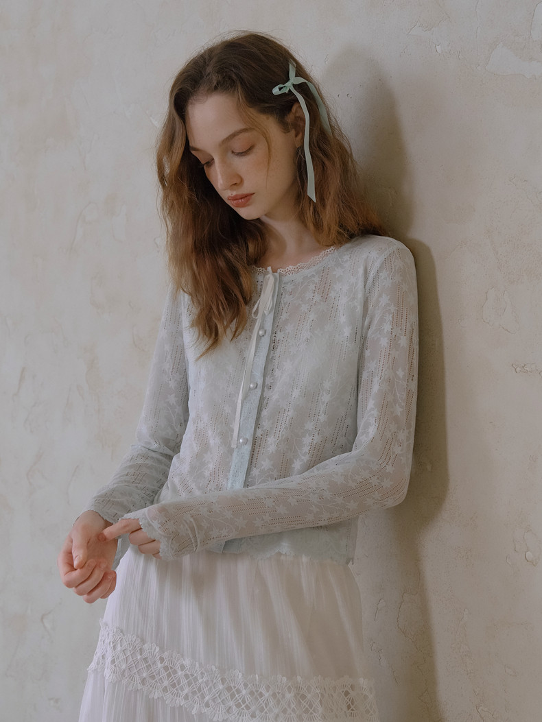 Buy Light Blue Floral Lace Sheer Cardigan, Women’s Top - Megustas